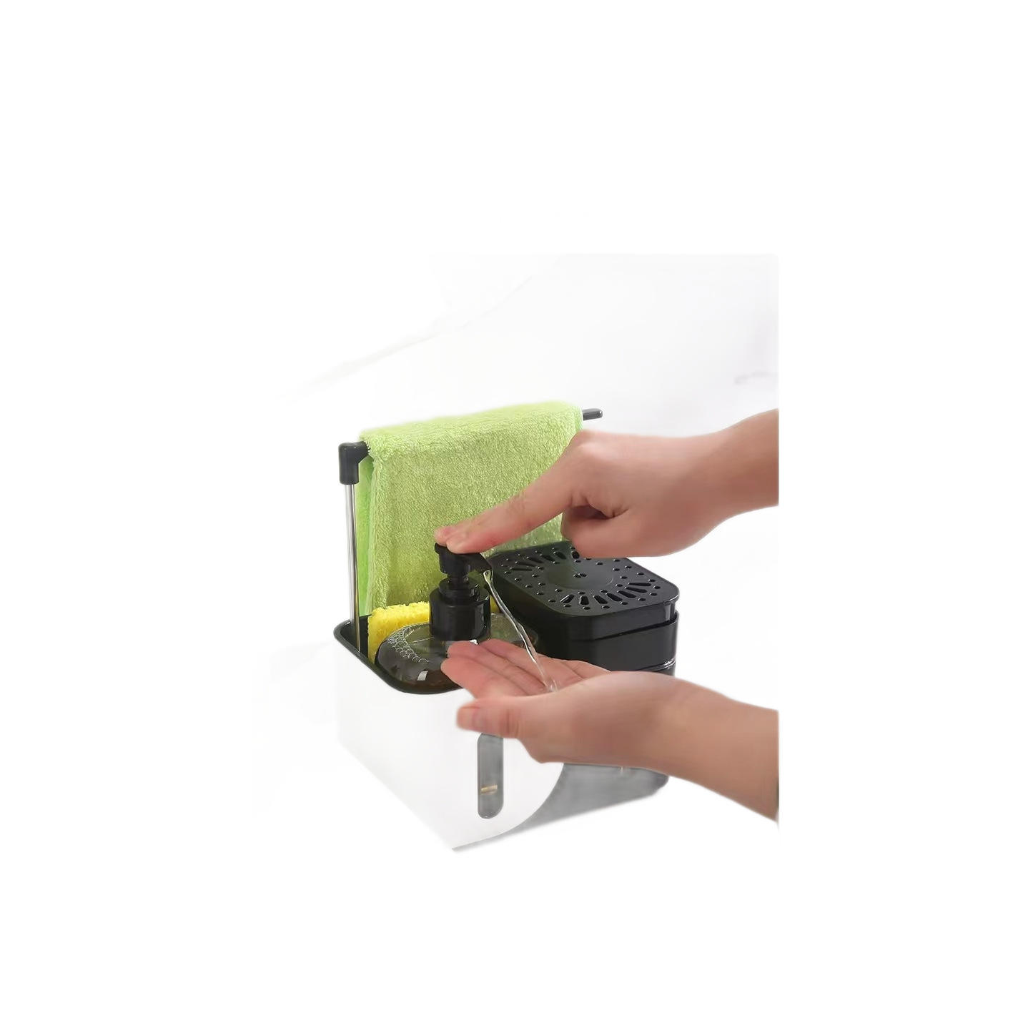 Multifunctional Standing Kitchen Soap Dispenser with Manual Pump & Cloth Rack