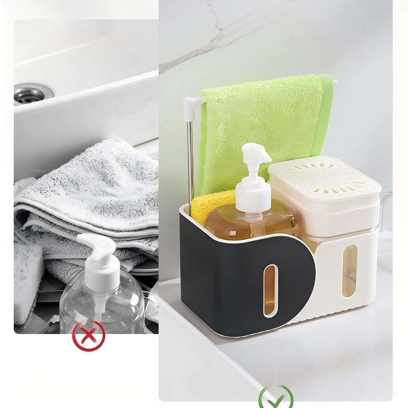 Multifunctional Standing Kitchen Soap Dispenser with Manual Pump & Cloth Rack