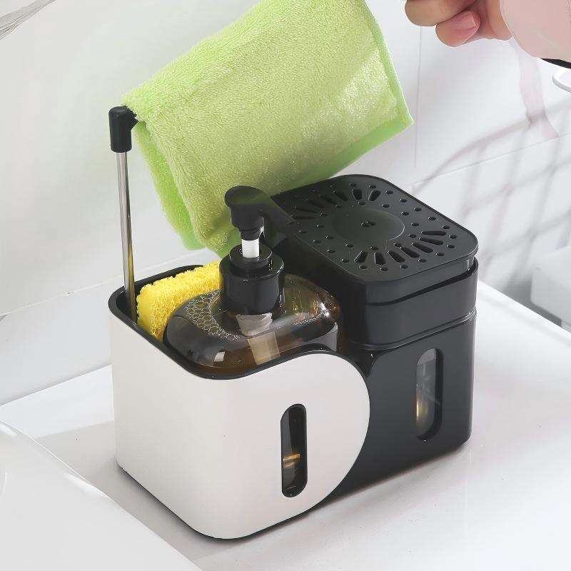 Multifunctional Standing Kitchen Soap Dispenser with Manual Pump & Cloth Rack