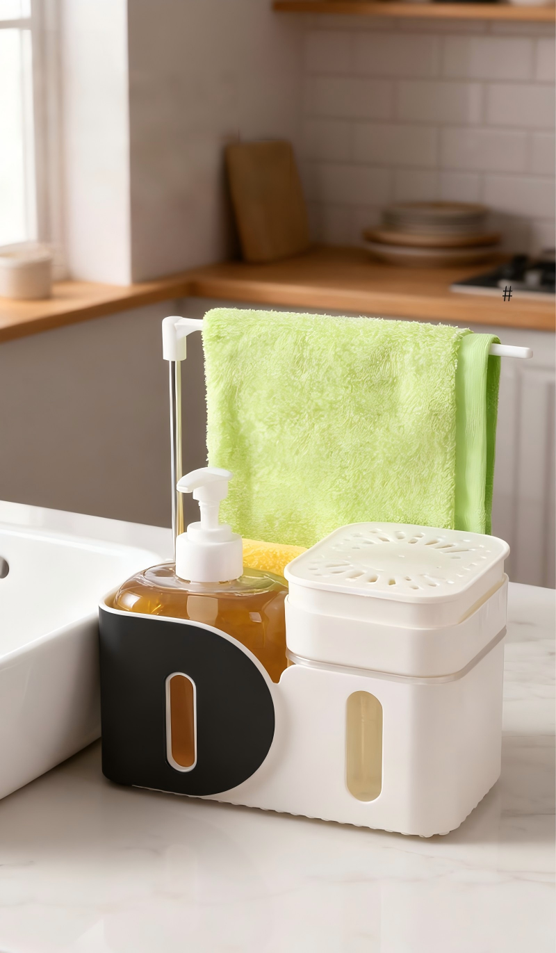 Multifunctional Standing Kitchen Soap Dispenser with Manual Pump & Cloth Rack