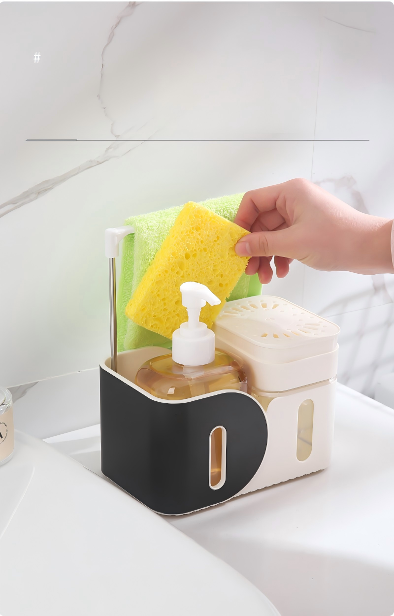 Multifunctional Standing Kitchen Soap Dispenser with Manual Pump & Cloth Rack