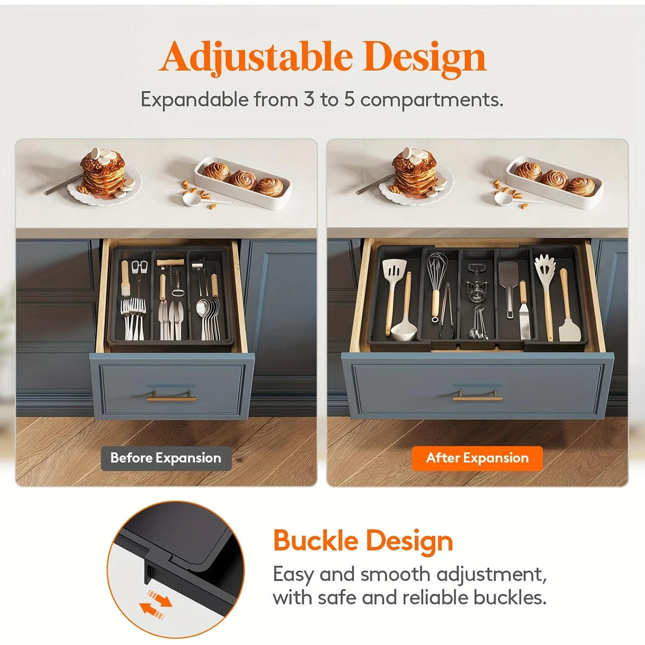 Foldable Kitchen Drawer Organizer - Plastic Utensil Storage Tray (39 x 36 x 6 cm)