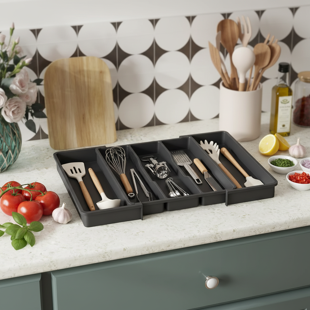 Foldable Kitchen Drawer Organizer - Plastic Utensil Storage Tray (39 x 36 x 6 cm)