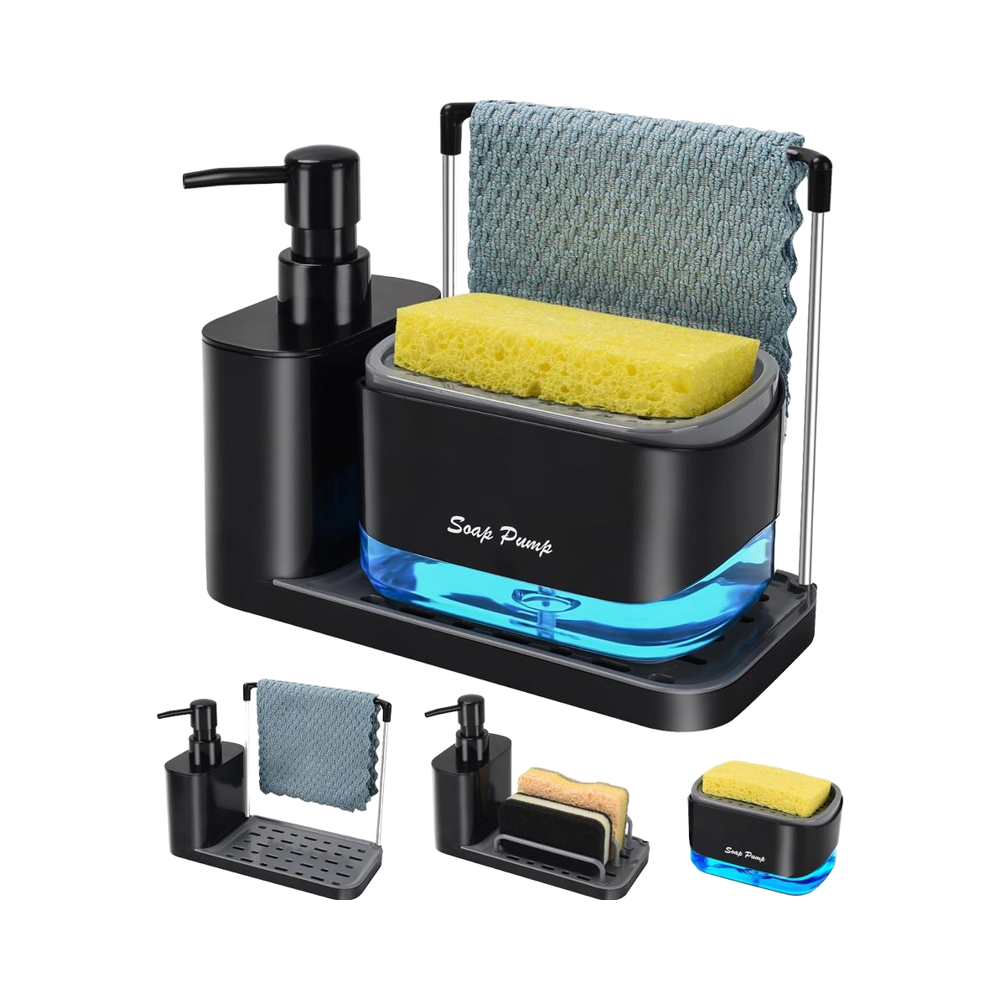 Manual Dish Soap Dispenser Set - 5-in-1 Kitchen Sink Station with Sponge & Brush Holder