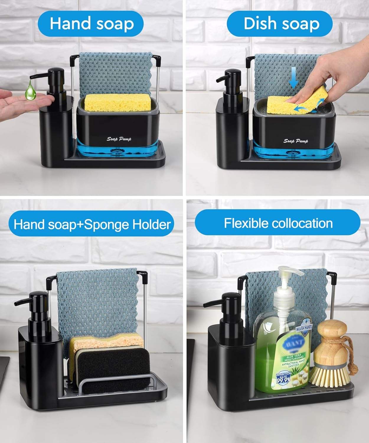 Manual Dish Soap Dispenser Set - 5-in-1 Kitchen Sink Station with Sponge & Brush Holder