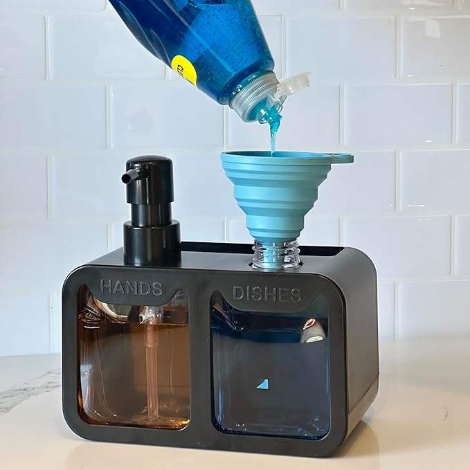 Double Pump Soap Dispenser with Sponge and Brush Holder - Space-Saving Bathroom Caddy