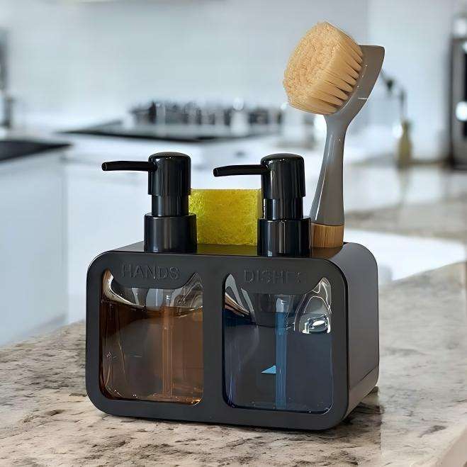 Double Pump Soap Dispenser with Sponge and Brush Holder - Space-Saving Bathroom Caddy