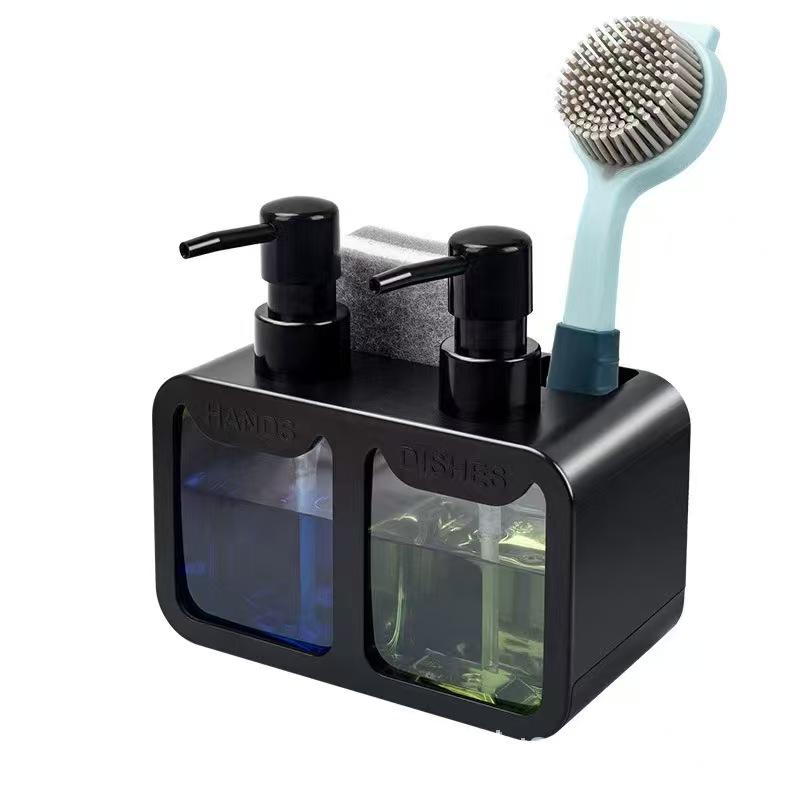 Double Pump Soap Dispenser with Sponge and Brush Holder - Space-Saving Bathroom Caddy