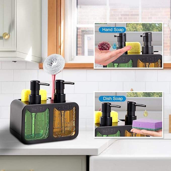 Double Pump Soap Dispenser with Sponge and Brush Holder - Space-Saving Bathroom Caddy